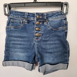 YMI Girls 8 High Rise Exposed Button Fly Heart Denim Blue Shorts